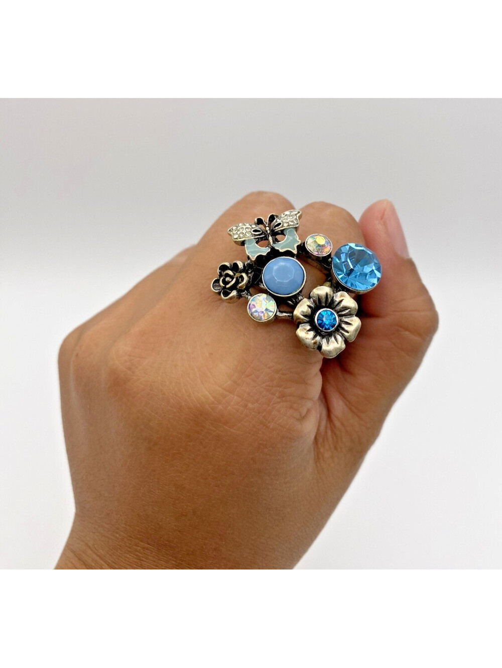 Vintage Style Floral & Butterfly Statement Ring Blue Crystal Stretch Chunky Sz 8